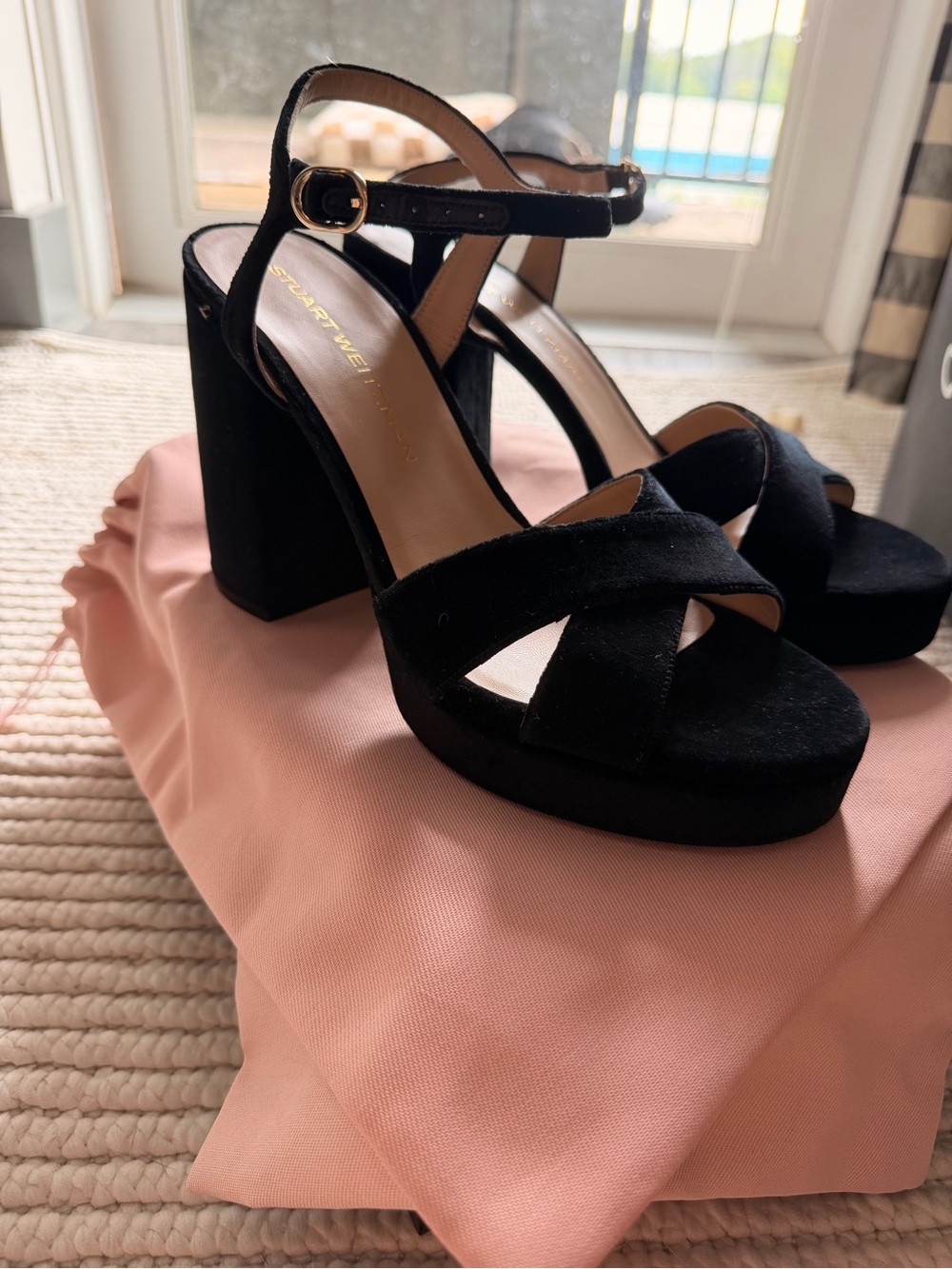 BRAND NEW Stuart Weitzman Black Suede Chunky Heel Sandals - Picture 5 of 5